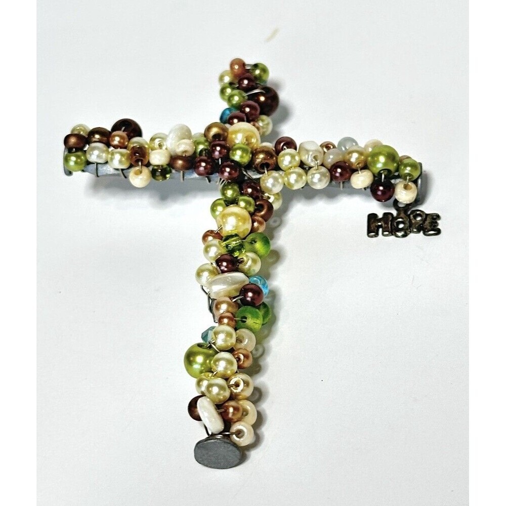 Handmade Art Beaded Wire Crucifix Cross Wall Hanging Necklace Pendant Religious